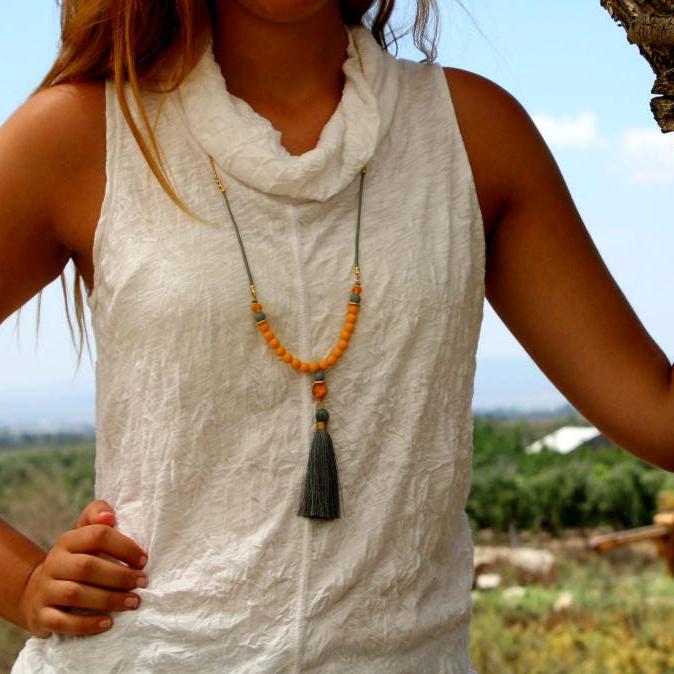 Tassel Necklaces for Women,Long Necklace,Yellow Necklace,Boho Necklaces for Women,Statement Necklace,Beaded Necklace,Boho Jewelry