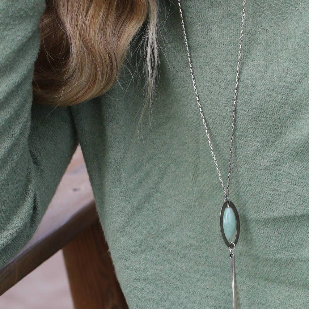 Aventurine Necklace, Silver Necklace, Gemstone Necklaces for Women, Long Necklace, Long Pendant Necklace, Boho Necklace, Gift Jewelry