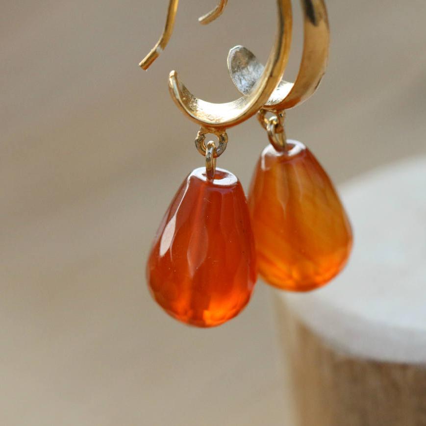 Briolette Gold-Filled Drop Earrings, Carnelian Teardrop Earrings, Dangle Gold-Filled Earrings, Orange Earrings, Gift For Mom, Christmas Gift