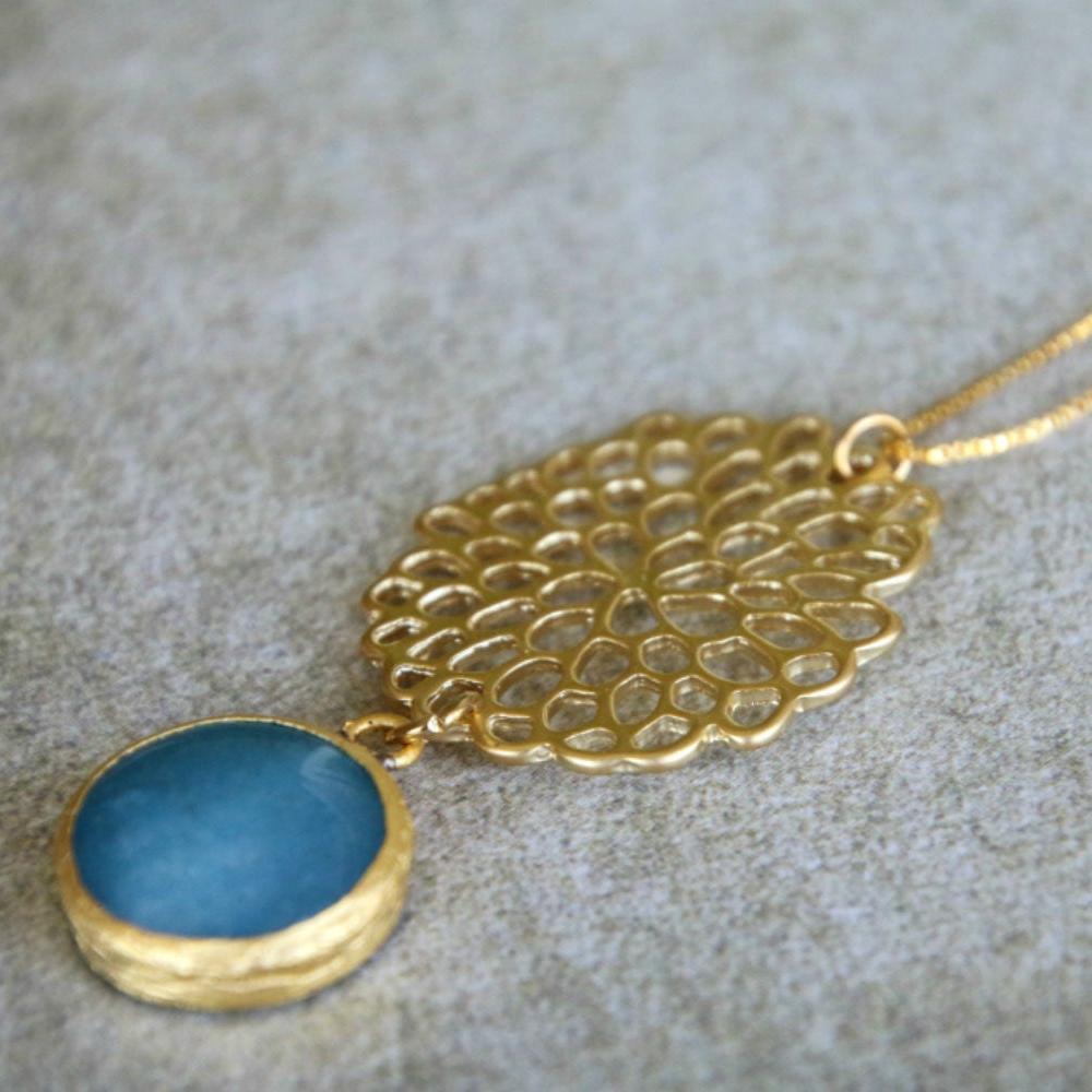 Extra Long Aqua Marine Round Pendant Necklace For Woman / Aquamarine And Gold Necklace / Classic Pendant Necklace / Christmas Gift