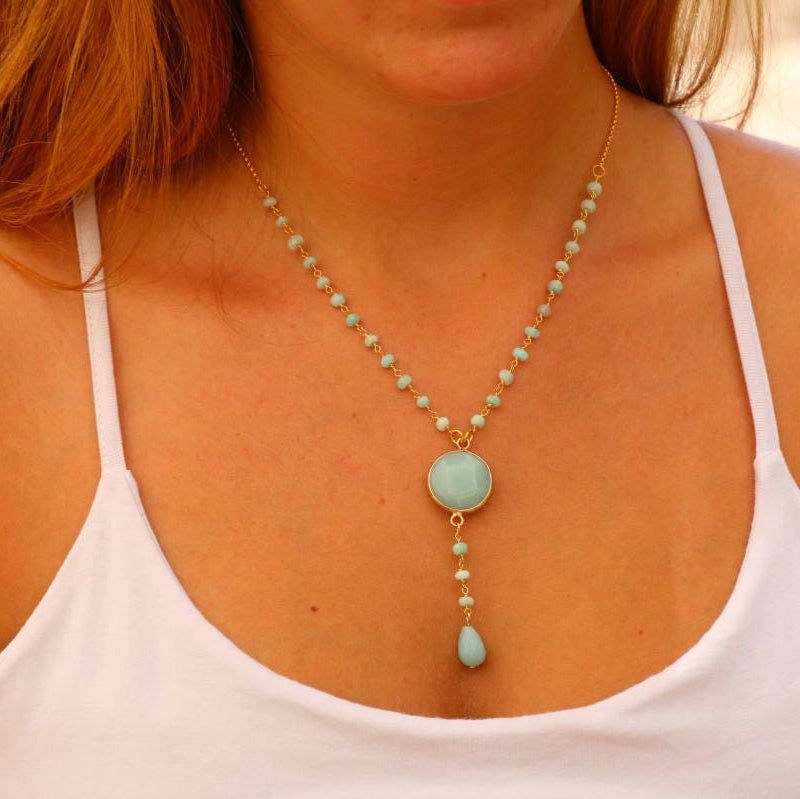Handmade rosary necklace, Beaded necklace for women, Natural amazonite necklace, Artisan boho jewelry, Bohemian necklace, Gift for her