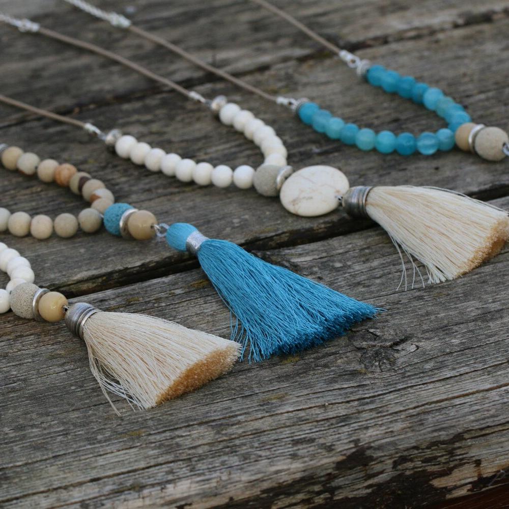 Mala Necklace , Long Beaded Necklace , Beige Long Tassel Necklace , Tassel Necklaces For Woman , Beige Tassel Pendant , Gemstone Necklace