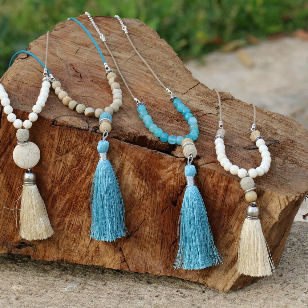 Mala Necklace , Long Beaded Necklace , Beige Long Tassel Necklace , Tassel Necklaces For Woman , Beige Tassel Pendant , Gemstone Necklace
