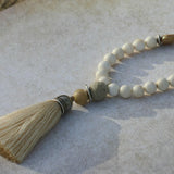 Mala Necklace , Long Beaded Necklace , Beige Long Tassel Necklace , Tassel Necklaces For Woman , Beige Tassel Pendant , Gemstone Necklace