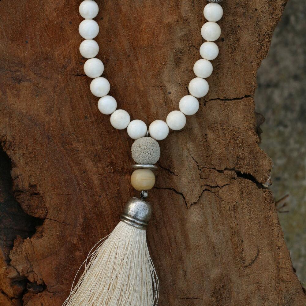 Mala Necklace , Long Beaded Necklace , Beige Long Tassel Necklace , Tassel Necklaces For Woman , Beige Tassel Pendant , Gemstone Necklace