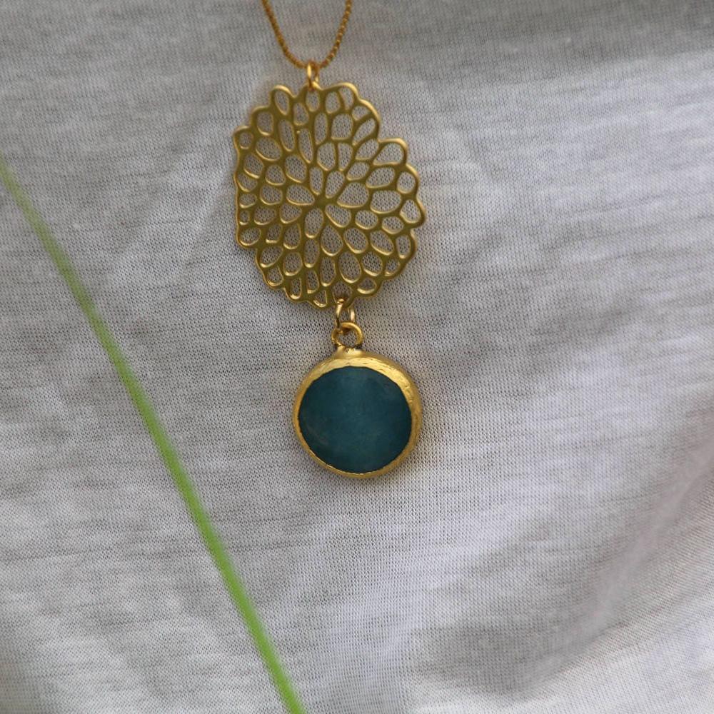 Extra Long Aqua Marine Round Pendant Necklace For Woman / Aquamarine And Gold Necklace / Classic Pendant Necklace / Christmas Gift