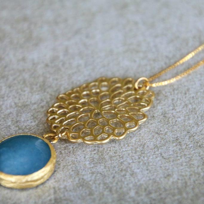 Extra Long Aqua Marine Round Pendant Necklace For Woman / Aquamarine And Gold Necklace / Classic Pendant Necklace / Christmas Gift