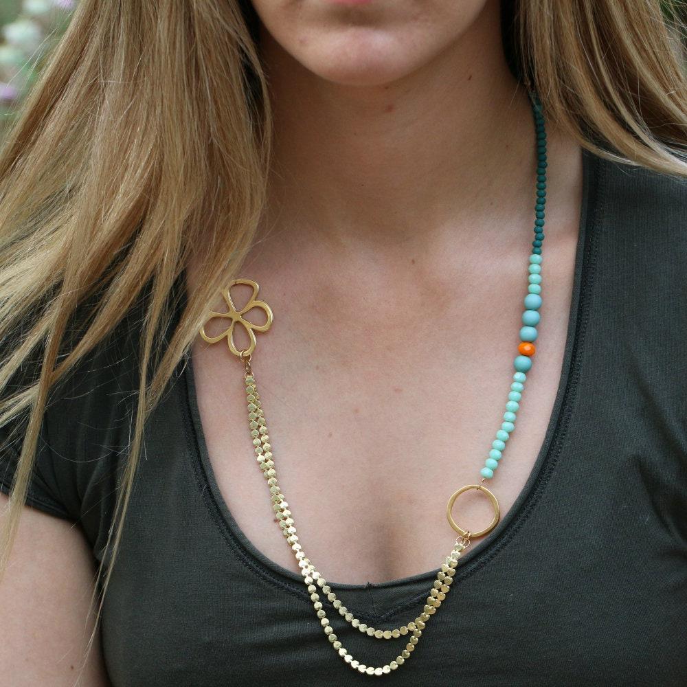 Gold plated beaded necklace for women, Layered flower necklace, Summer beach boho necklace, Colorful handmade jewelry, Gift for her