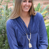 Beige Tassel Necklace • Long Beaded Necklace for Women • Boho Statement Jewelry • Neutral Bead Pendant Necklace