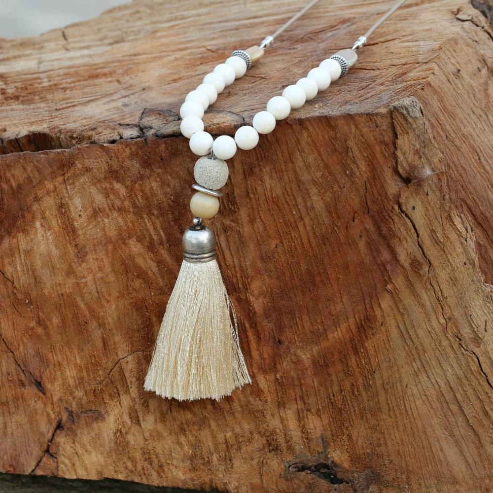 Beige Tassel Necklace • Long Beaded Necklace for Women • Boho Statement Jewelry • Neutral Bead Pendant Necklace