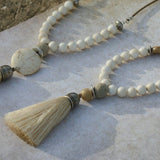 Beige Long Tassel Mala Necklace with Gemstones