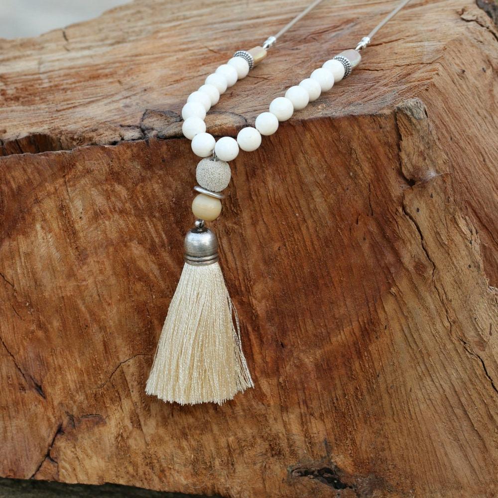 Mala Necklace , Long Beaded Necklace , Beige Long Tassel Necklace , Tassel Necklaces For Woman , Beige Tassel Pendant , Gemstone Necklace