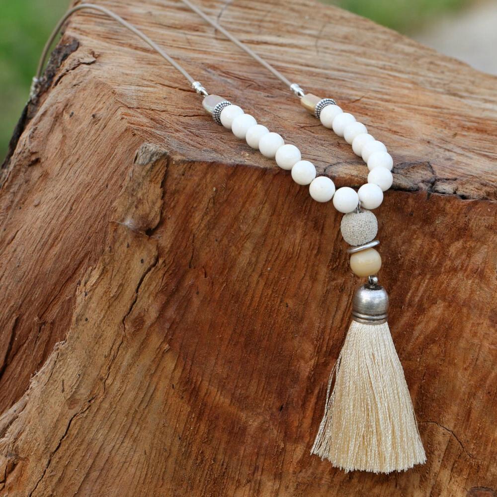 Mala Necklace , Long Beaded Necklace , Beige Long Tassel Necklace , Tassel Necklaces For Woman , Beige Tassel Pendant , Gemstone Necklace