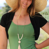 White Beaded Tassel Necklace โข Long Boho Statement Jewelry โข Howlite Bead Necklace for Women โข Mala Spiritual Necklace