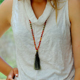 Carnelian Beaded Mala Necklace โข Hand-Knotted Gemstone Jewelry โข Long Boho Necklace with Green Tassel