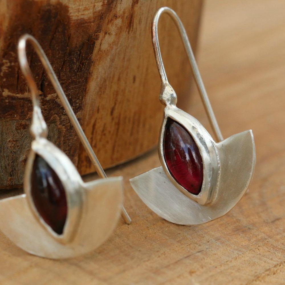Red Garnet Marquise Gemstone Earrings, Sterling Silver Bohemian Dangle Earrings, Egyptian style Earrings, January Birthstone drop earrings