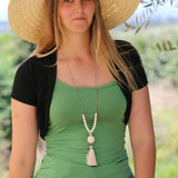 White Beaded Tassel Necklace โข Long Boho Statement Jewelry โข Howlite Bead Necklace for Women โข Mala Spiritual Necklace