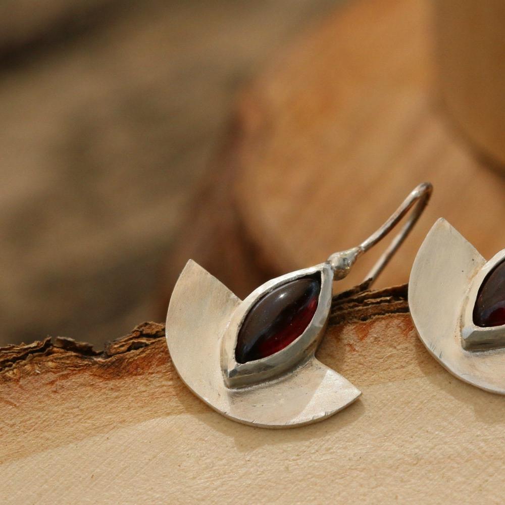 Red Garnet Marquise Gemstone Earrings, Sterling Silver Bohemian Dangle Earrings, Egyptian style Earrings, January Birthstone drop earrings