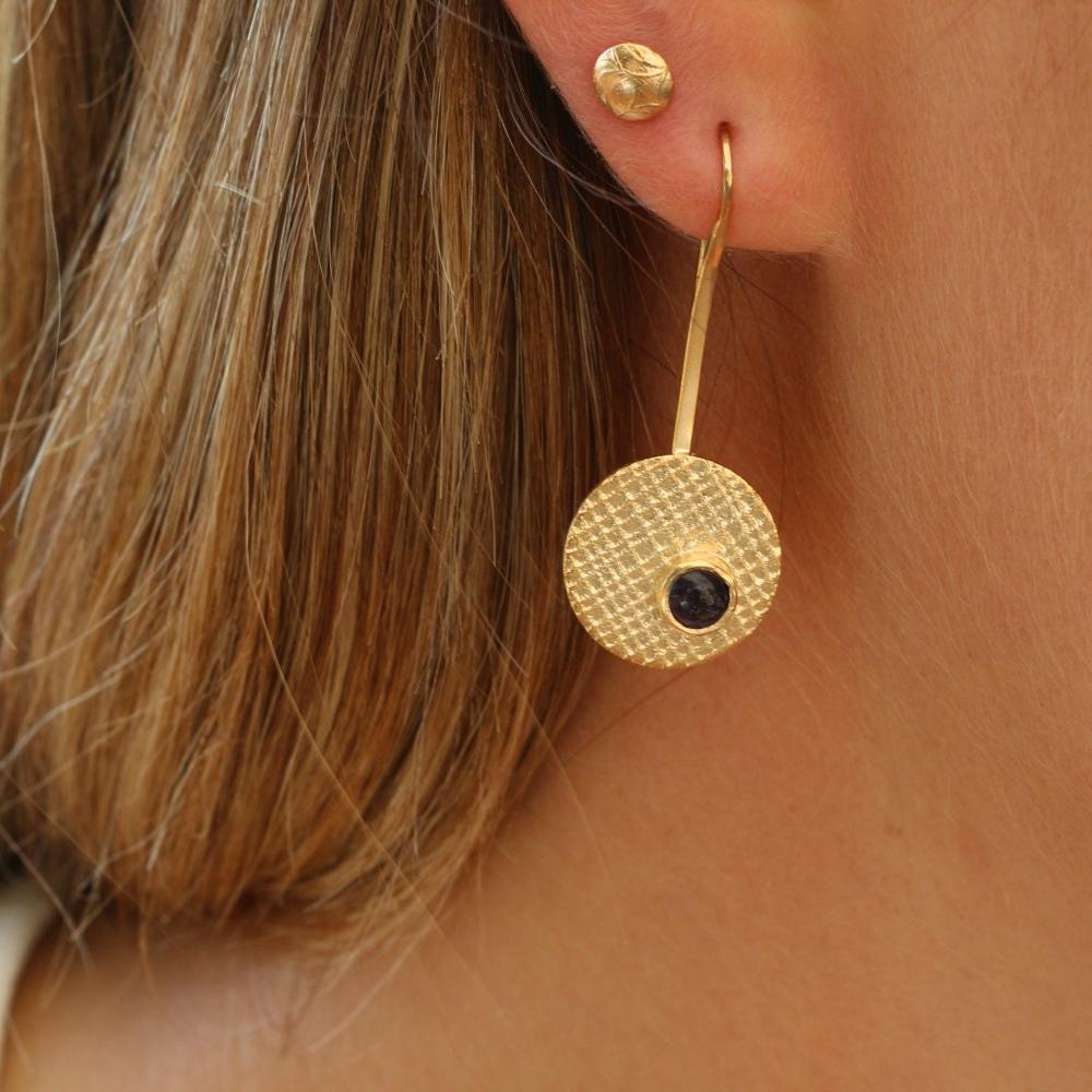 Amethyst Drop Earrings • Unique Earrings For Women • Textured 14k Gold Fashion Earrings • Handmade Statement Disc Earrings • Gift For Her