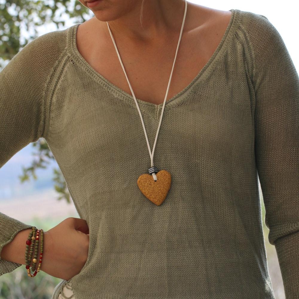 Lava heart necklace, Stone pendant necklace for women, Statement long necklace, Chunky boho necklace, Handmade jewelry, Bohemian jewelry
