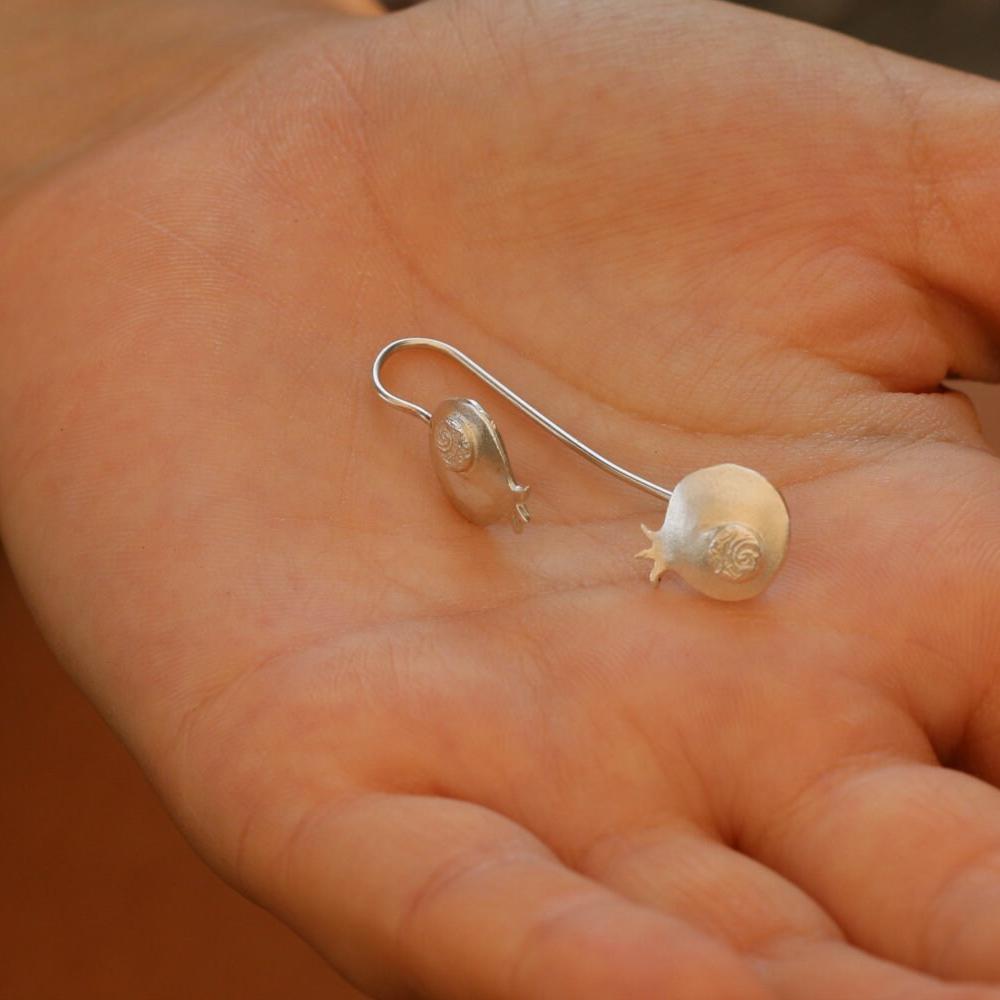 Pomegranate Silver Earrings, Delicate dangling earrings, Cute dangly earrings, Silver pomegranate earrings, Handmade jewelry, gift for her
