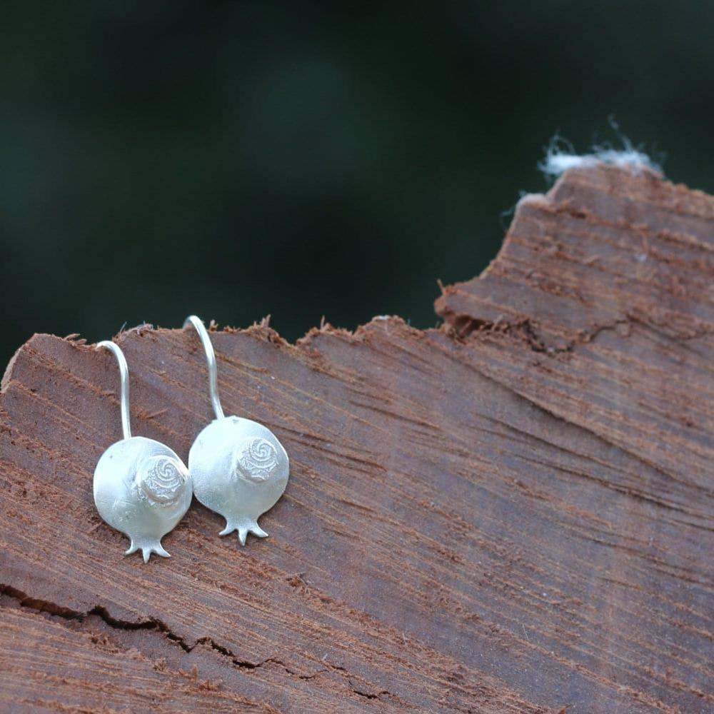 Pomegranate Silver Earrings, Delicate dangling earrings, Cute dangly earrings, Silver pomegranate earrings, Handmade jewelry, gift for her