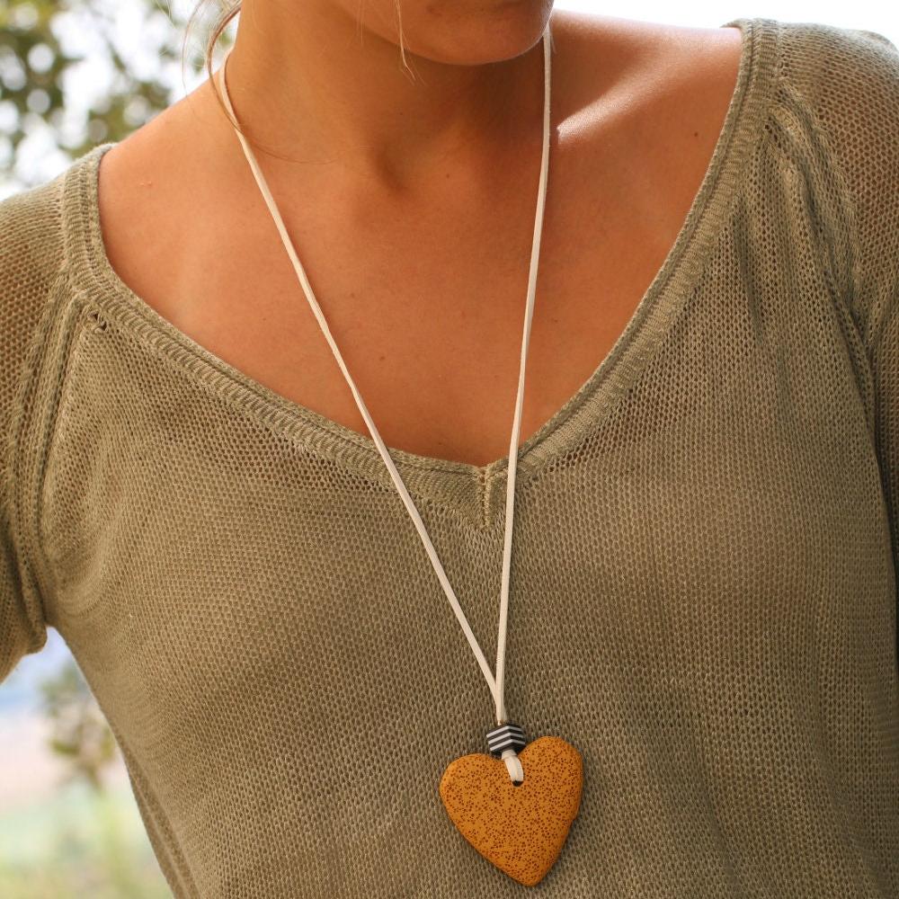 Lava heart necklace, Stone pendant necklace for women, Statement long necklace, Chunky boho necklace, Handmade jewelry, Bohemian jewelry