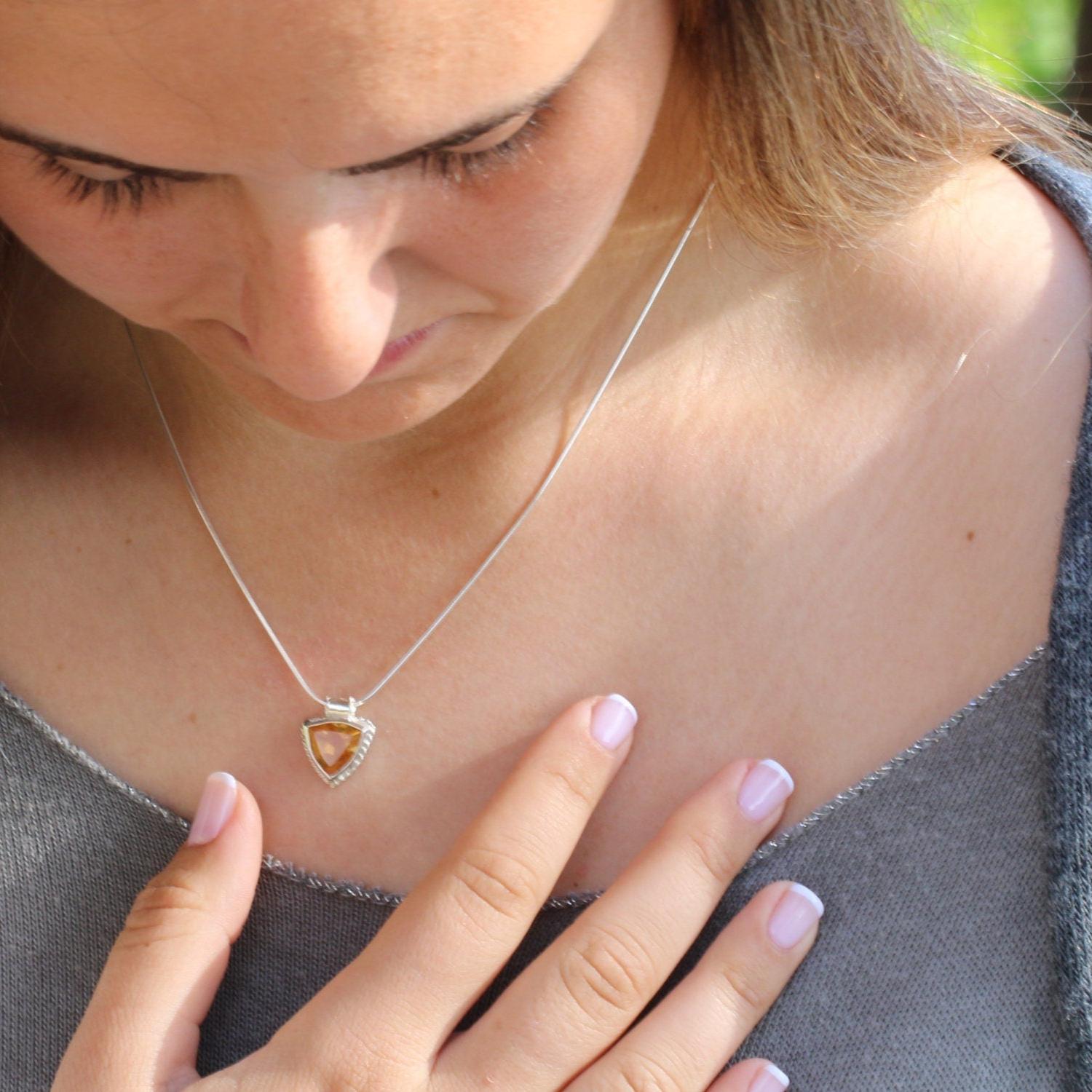Citrine Gemstone Necklace , November Birth Stone Necklace, Silver Pendant Necklaces for Women, Triangle Pendant Necklace.