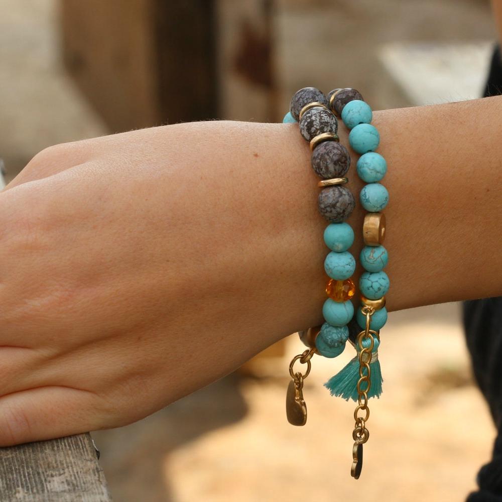 Beaded bracelets set for women, Jasper and jade bracelet, Gemstone charm bracelets, Stackable bracelets, Boho stretch bracelet, Jewelry gift