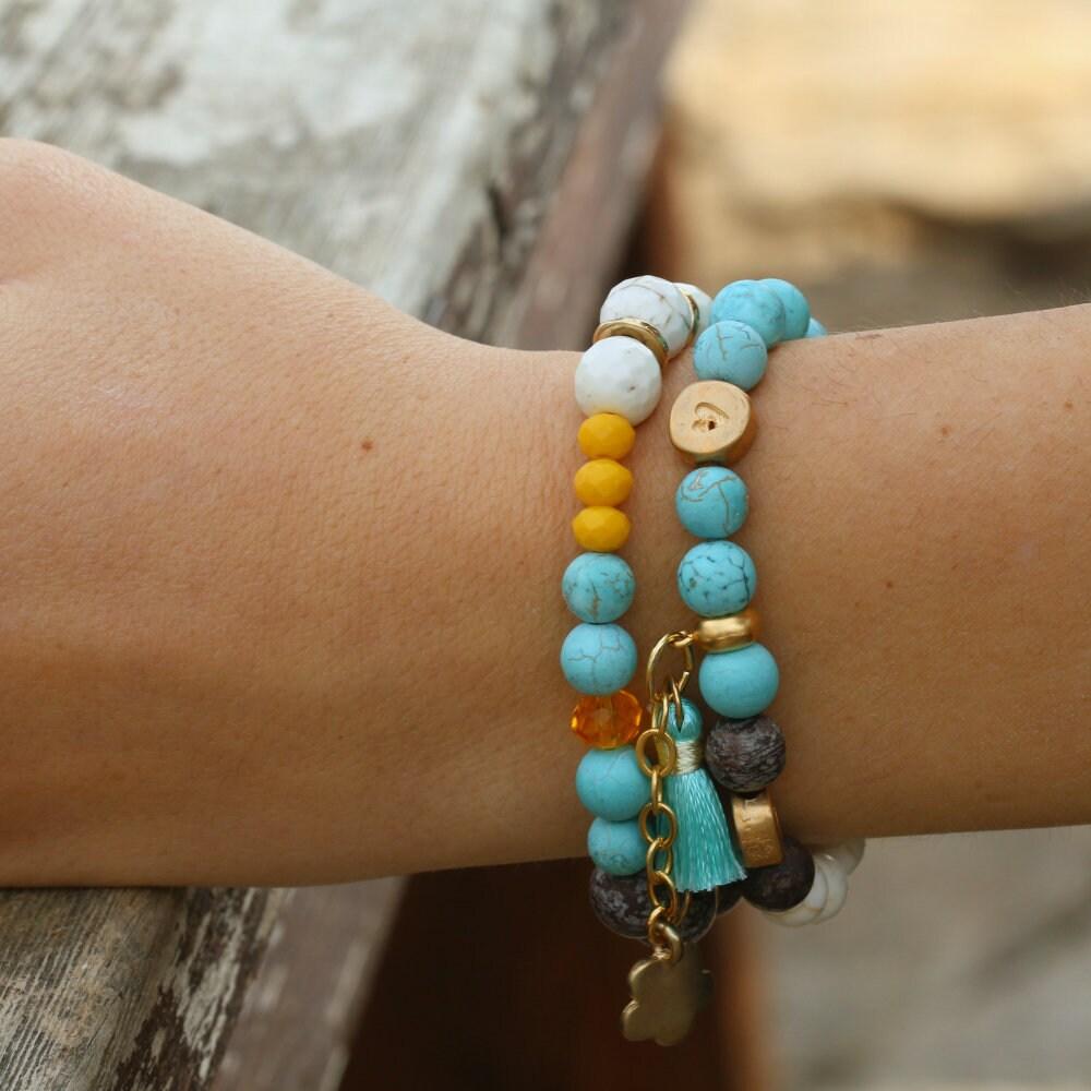 Beaded bracelets set for women, Jasper and jade bracelet, Gemstone charm bracelets, Stackable bracelets, Boho stretch bracelet, Jewelry gift