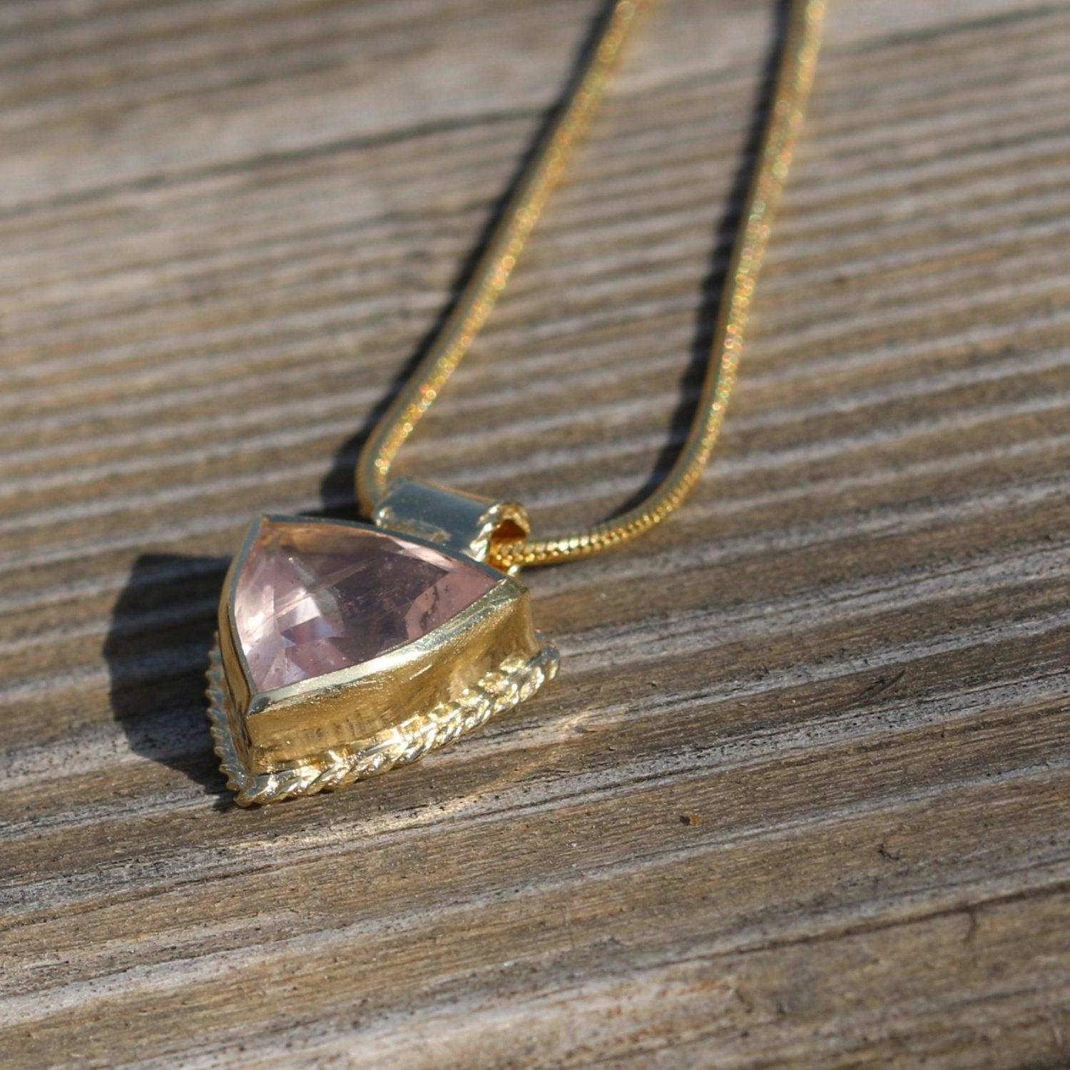 Rose Quartz Necklace , Gold Gemstone Necklace , Geometric Pendant Necklace , Triangle Necklace , Trillion Necklace , Romantic Necklace