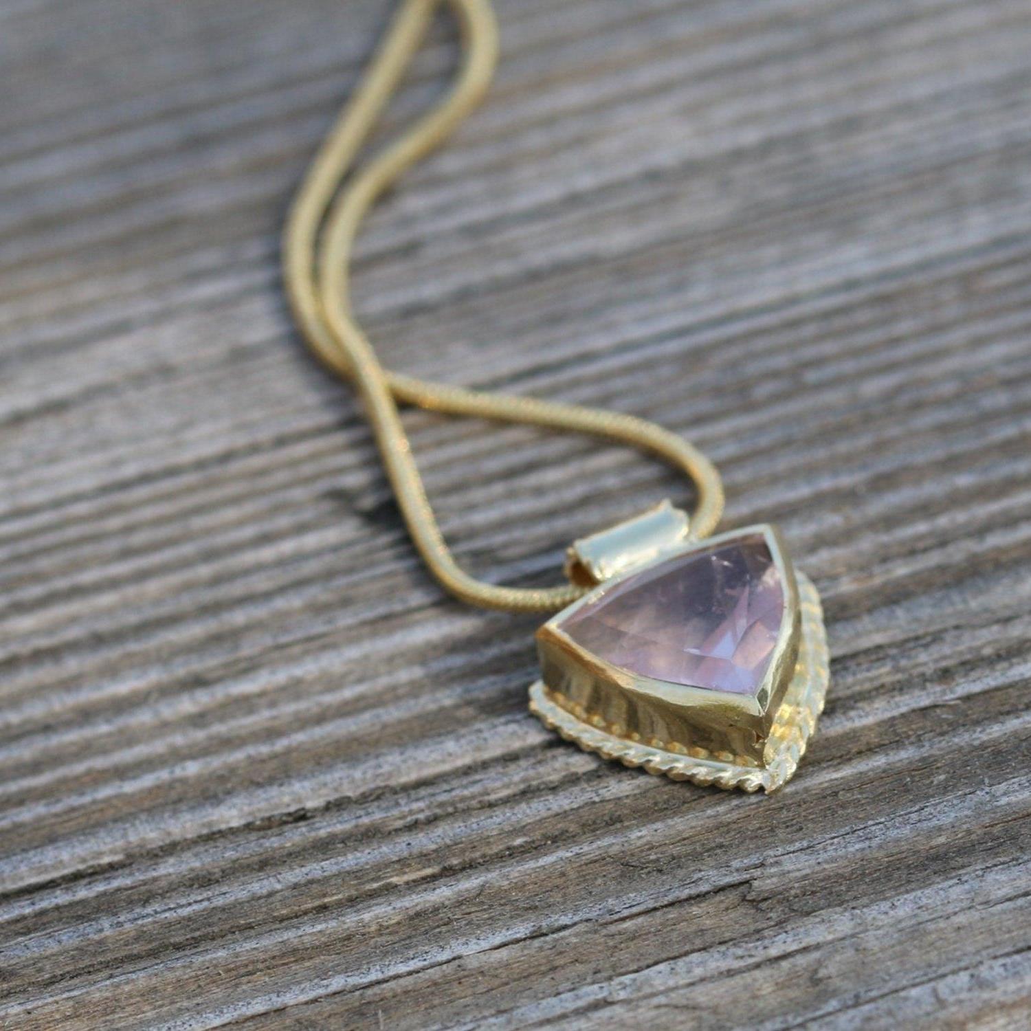 Rose Quartz Necklace , Gold Gemstone Necklace , Geometric Pendant Necklace , Triangle Necklace , Trillion Necklace , Romantic Necklace
