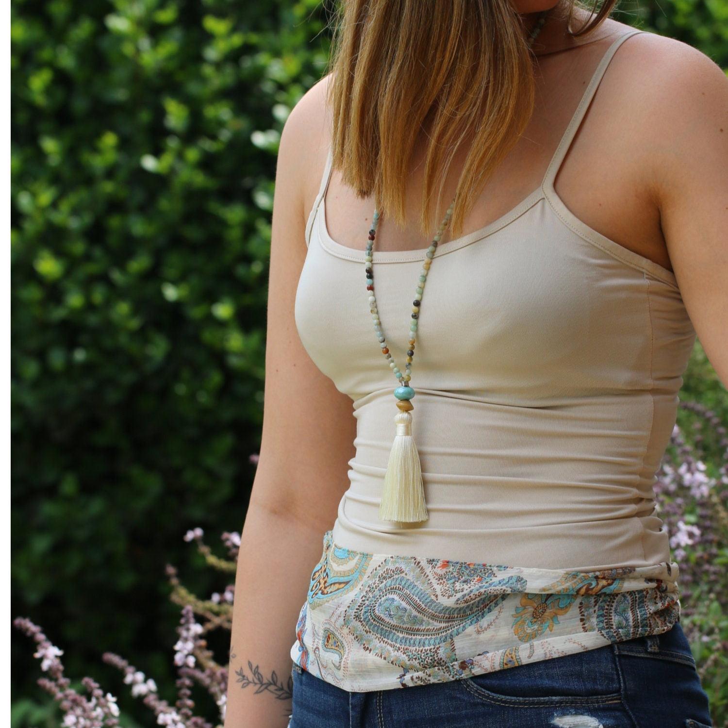 Amazonite Mala Necklace • Long Beaded Tassel Necklace • Multicolor Gemstone Meditation Jewelry • Mother's Day Gift