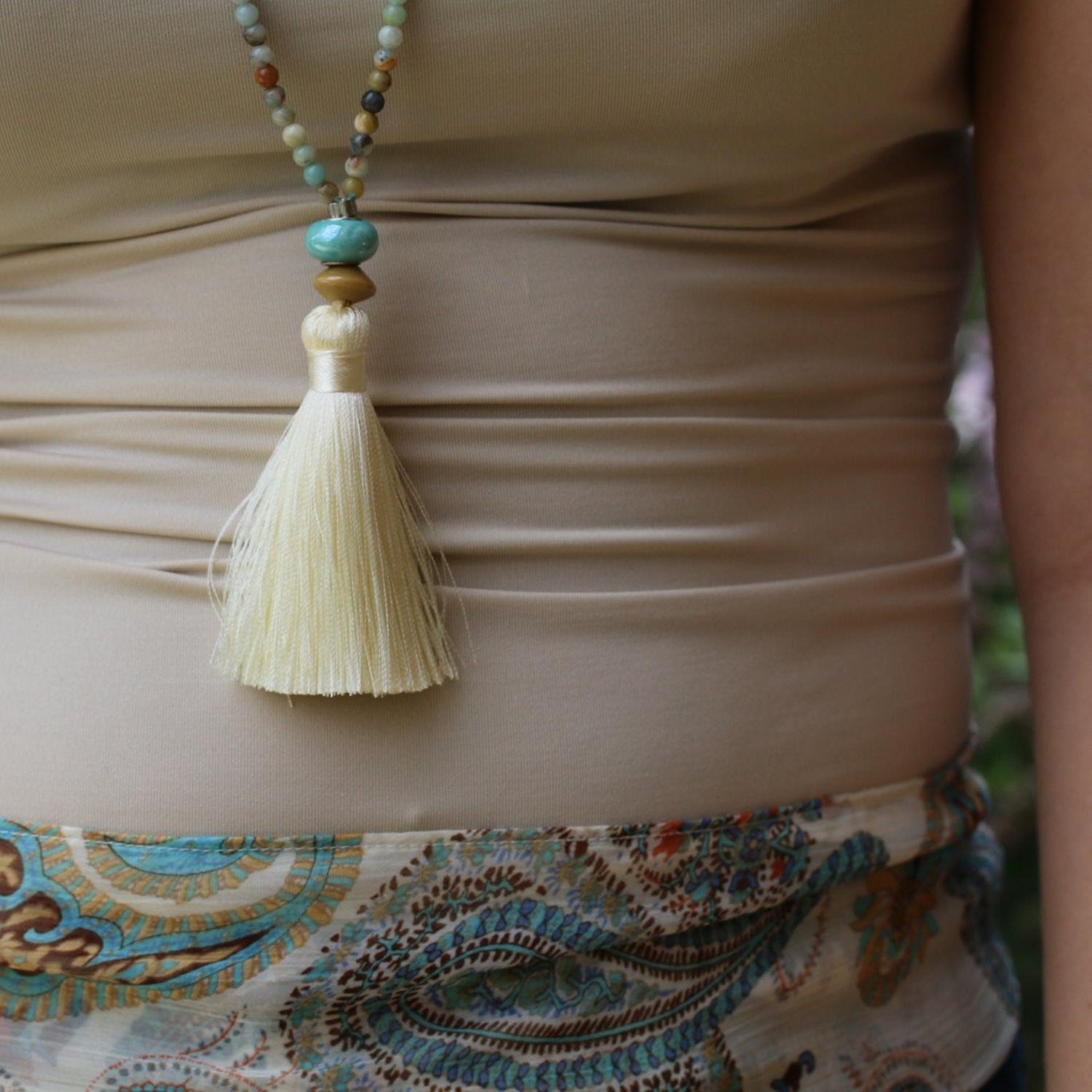 Amazonite Mala Necklace • Long Beaded Tassel Necklace • Multicolor Gemstone Meditation Jewelry • Mother's Day Gift