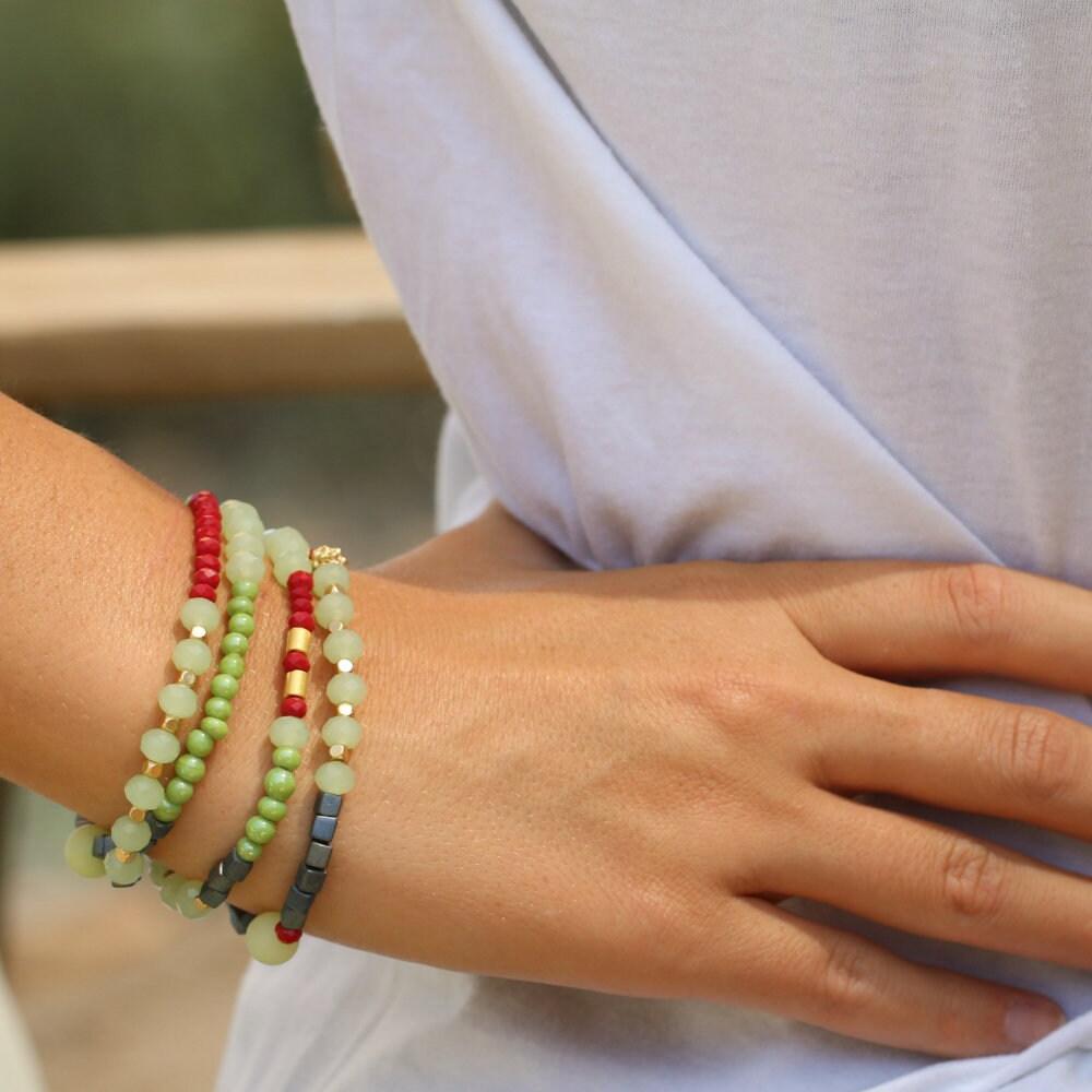 Gemstone wrap bracelet, Boho beaded bracelet with jade and hematite, Handmade jewelry, Bohemian jewelry for women, Gift for her