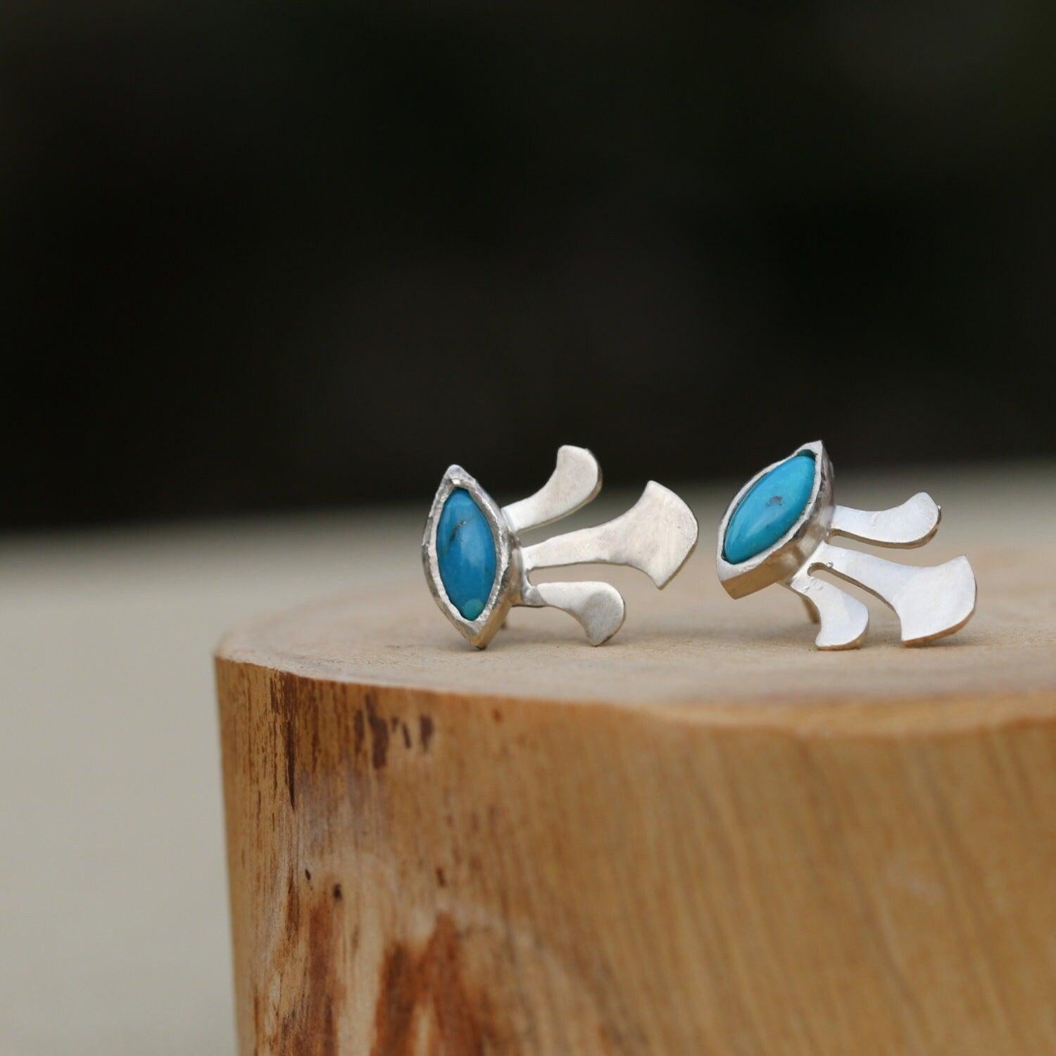 Unique turquoise earrings, Small 925 silver stud earrings, December birthstone jewelry, Bohemian gemstone earrings, Post earrings