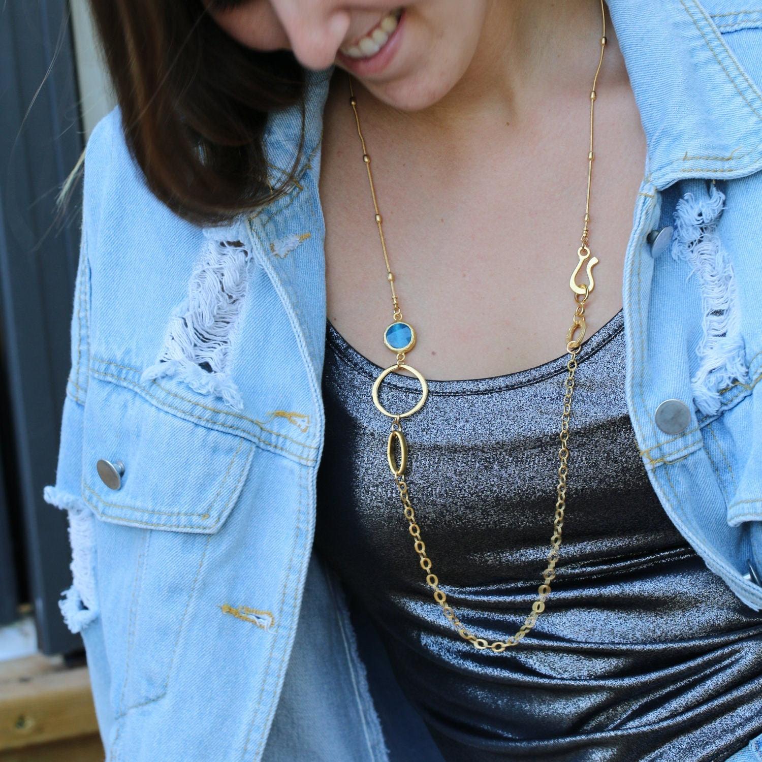 Gold Long Boho Necklaces For Woman / Blue Jade Necklace For A Woman / Long Necklace With A Blue Jade Pendant / Jade And Gold Pendant