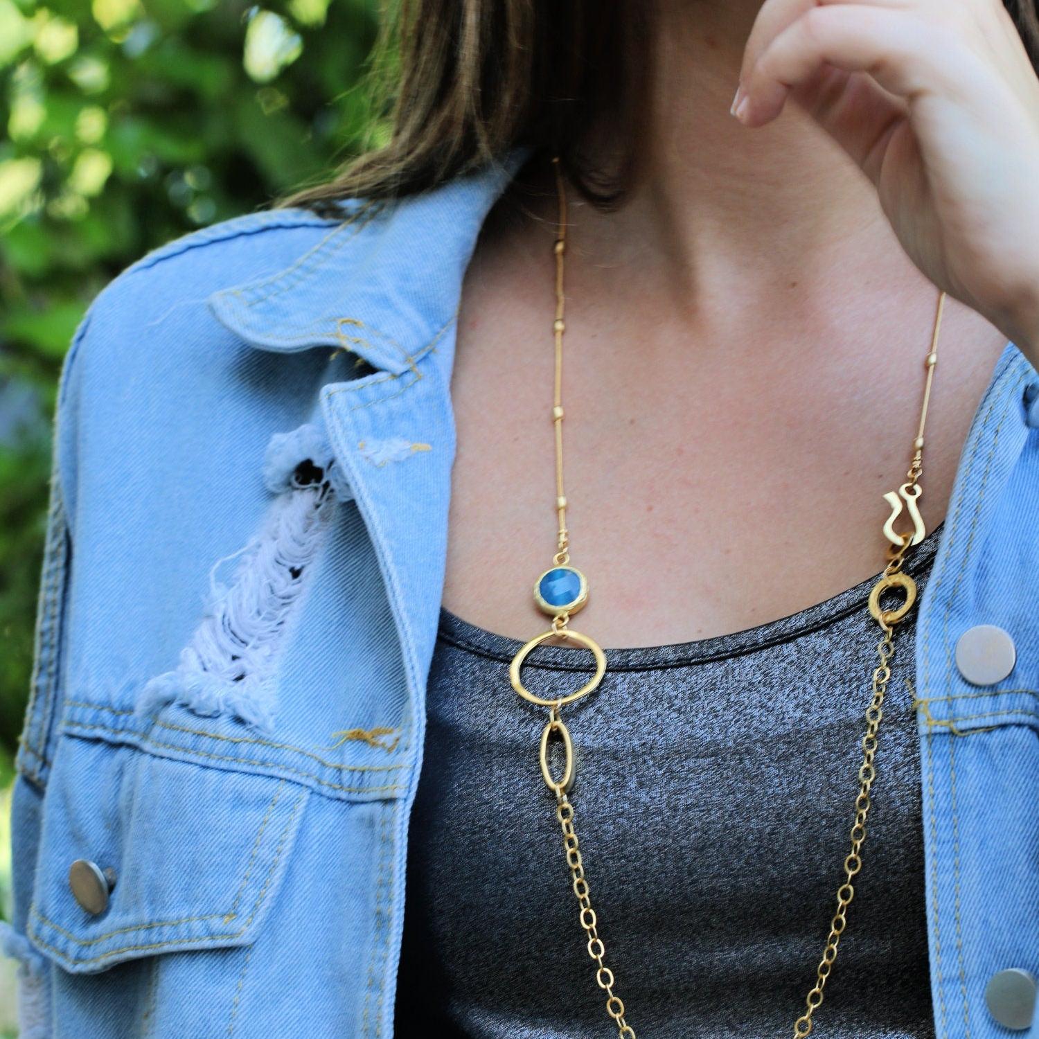 Gold Long Boho Necklaces For Woman / Blue Jade Necklace For A Woman / Long Necklace With A Blue Jade Pendant / Jade And Gold Pendant
