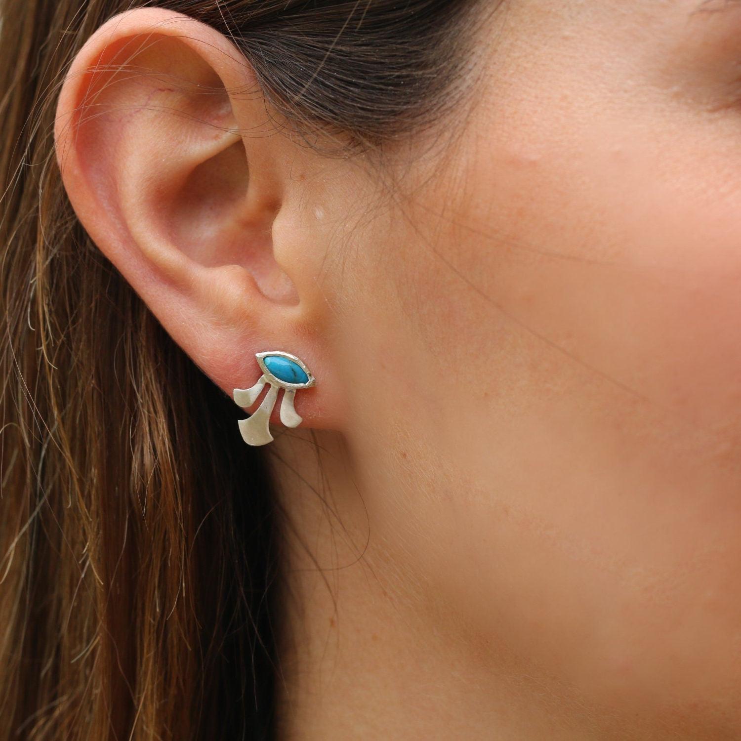 Unique turquoise earrings, Small 925 silver stud earrings, December birthstone jewelry, Bohemian gemstone earrings, Post earrings