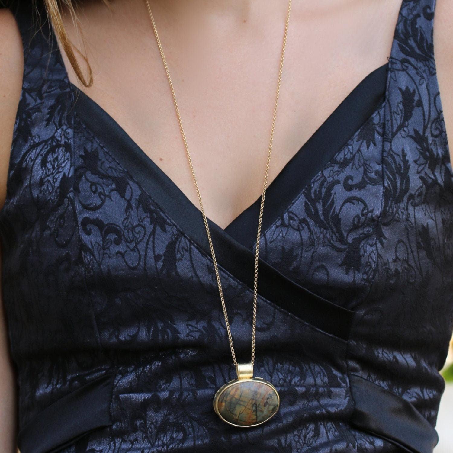 Jasper necklace for women, Bohemian pendant necklace, Statement gemstone necklace, Bohemian jewelry, Stone pendant unique long necklace