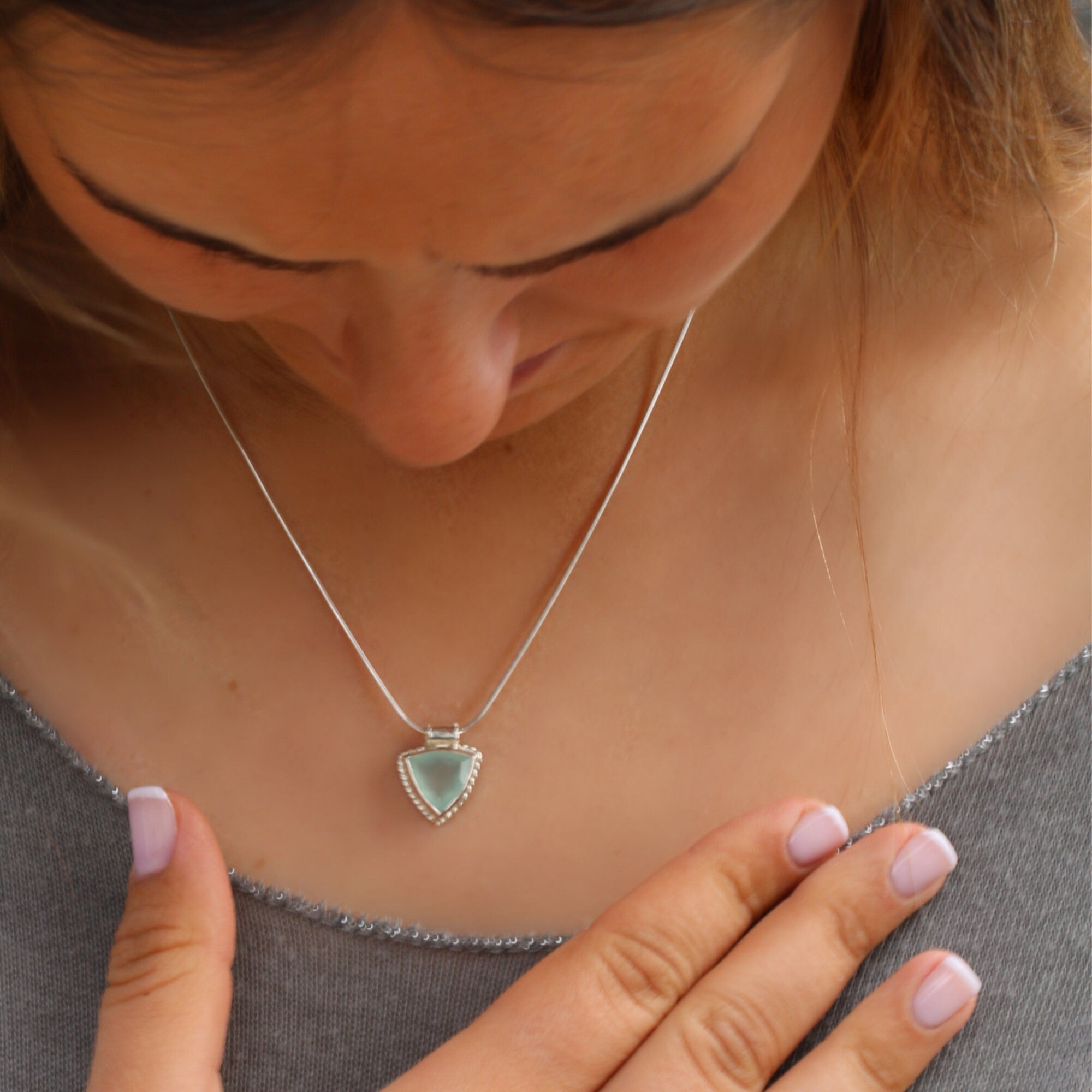 Aqua Chalcedony Trillion cut Pendant Necklace • Luxury Handmade Charm Necklace • Hand Made Silver Pendant Necklace Gift for Women