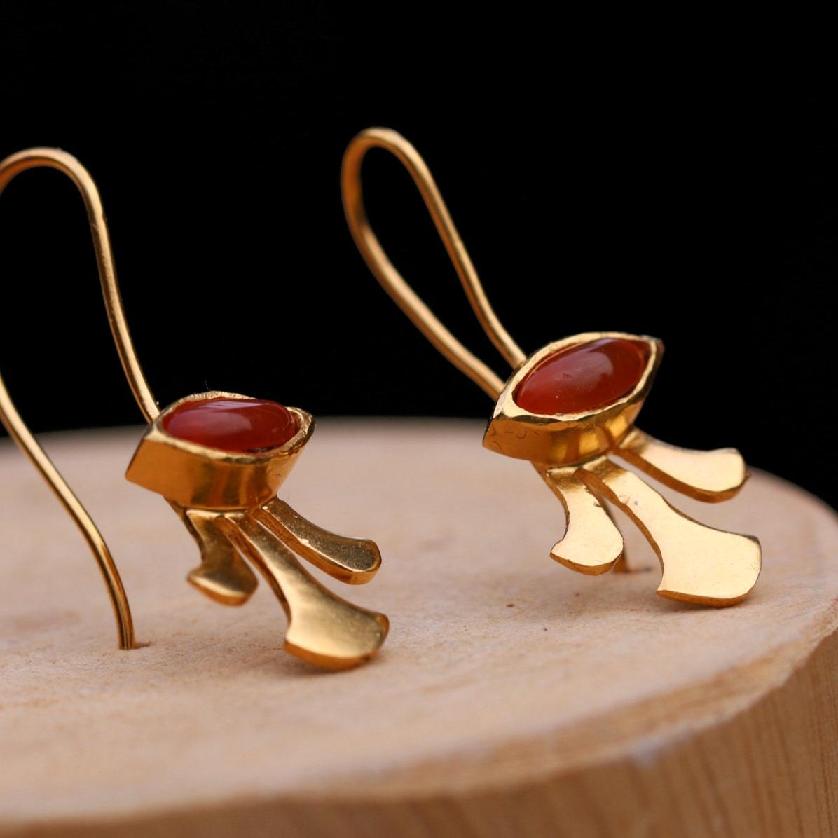 Carnelian Dangling Earrings For Women, Gold Earrings For Women, Gold-Filled Earrings, Dainty Jewelry For Women, Handmade Christmas Gift