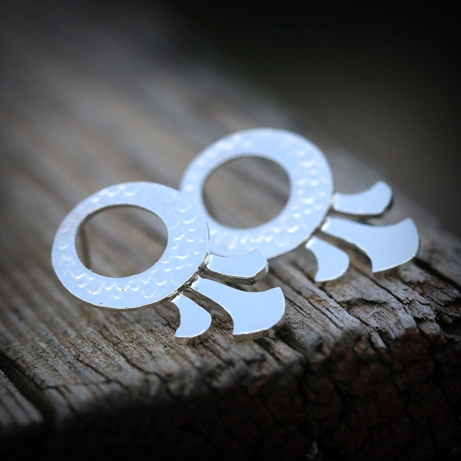 Small silver stud earrings, Boho everyday earrings, Unique bohemian jewelry, Circle post earrings, Handcrafted artisan jewelry for women