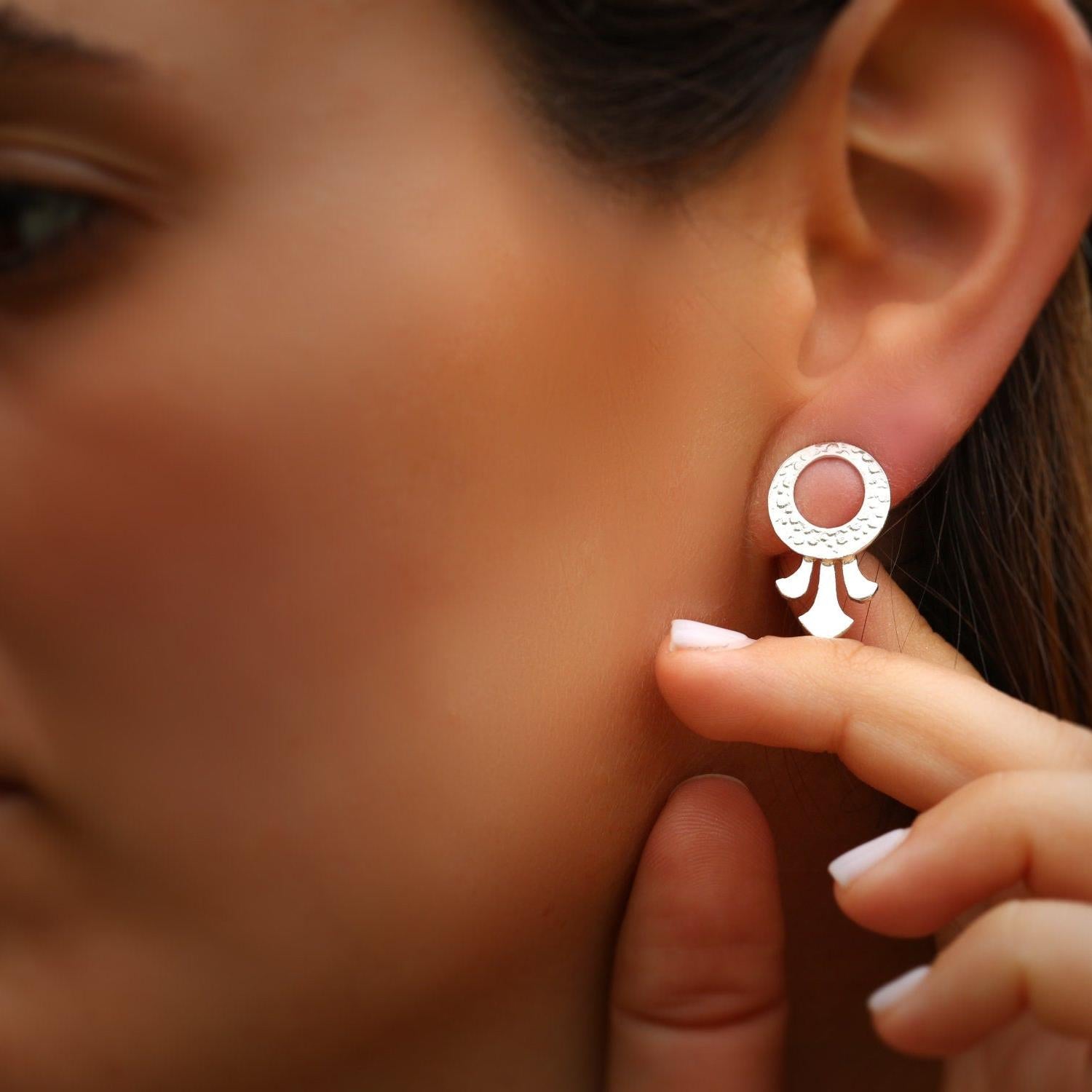 Small silver stud earrings, Boho everyday earrings, Unique bohemian jewelry, Circle post earrings, Handcrafted artisan jewelry for women