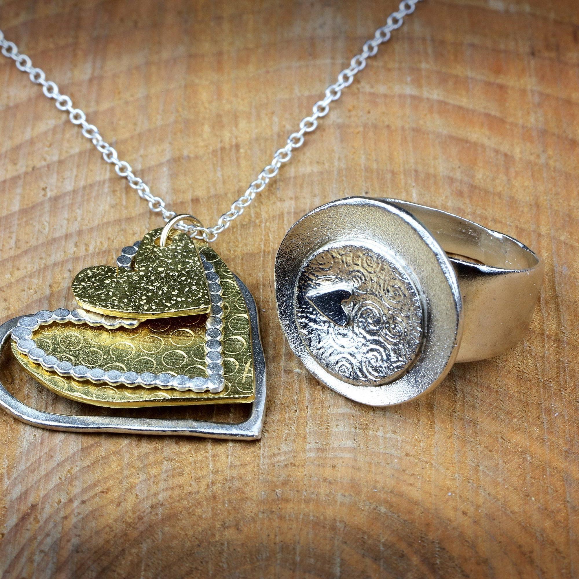 Gifts for Mom, Heart Pendant Necklace for Women, Two Tone Necklace ,Heart Jewelry Set ,Handmade Valentines Day Gift
