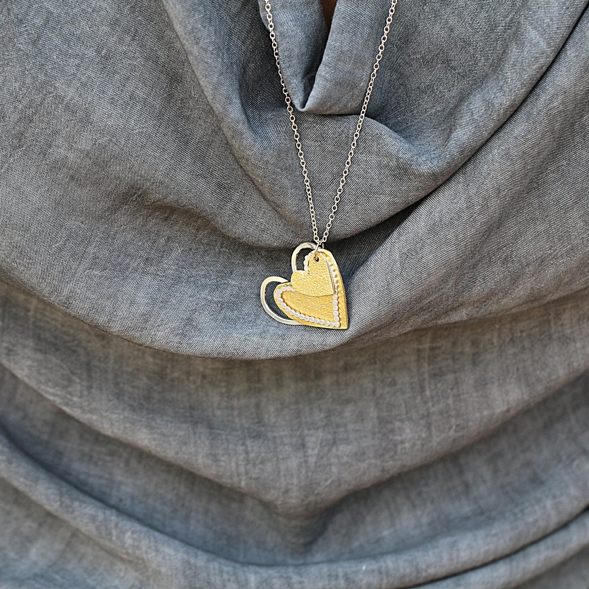Gifts for Mom, Heart Pendant Necklace for Women, Two Tone Necklace ,Heart Jewelry Set ,Handmade Valentines Day Gift