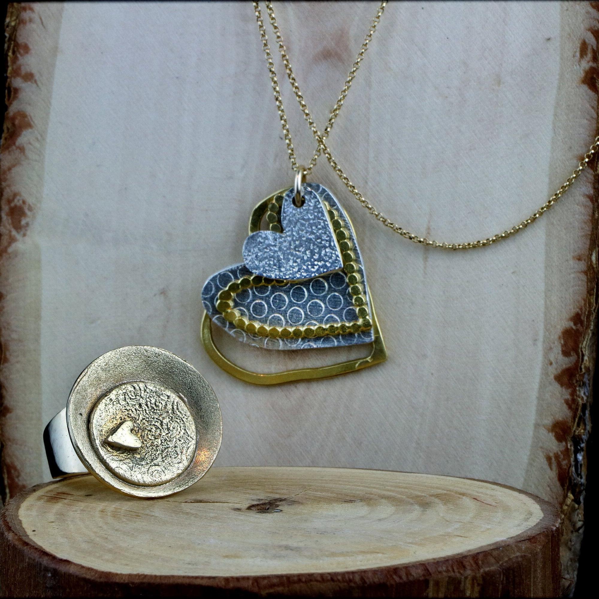 Heart necklace and ring Sets for Women, Jewelry Gift Set, Two Tone Necklace for Women, Heart Pendant Necklace, Valentines day Gift