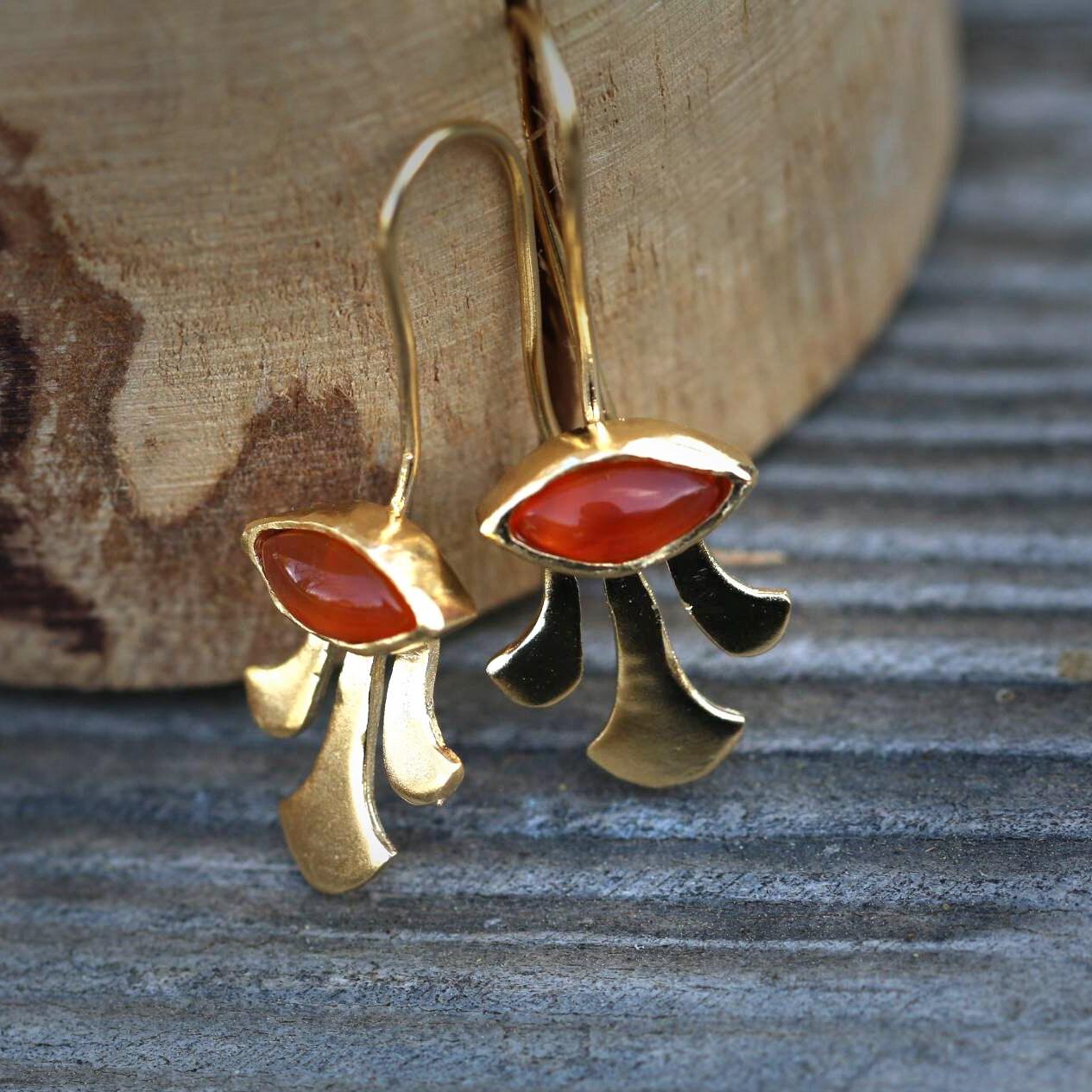 Carnelian Dangling Earrings For Women, Gold Earrings For Women, Gold-Filled Earrings, Dainty Jewelry For Women, Handmade Christmas Gift