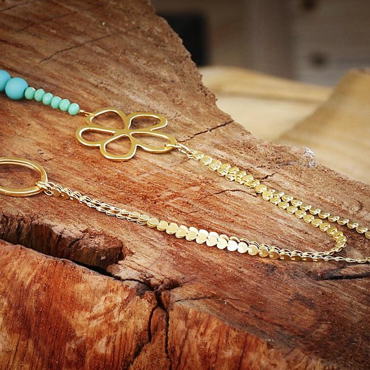 Gold plated beaded necklace for women, Layered flower necklace, Summer beach boho necklace, Colorful handmade jewelry, Gift for her