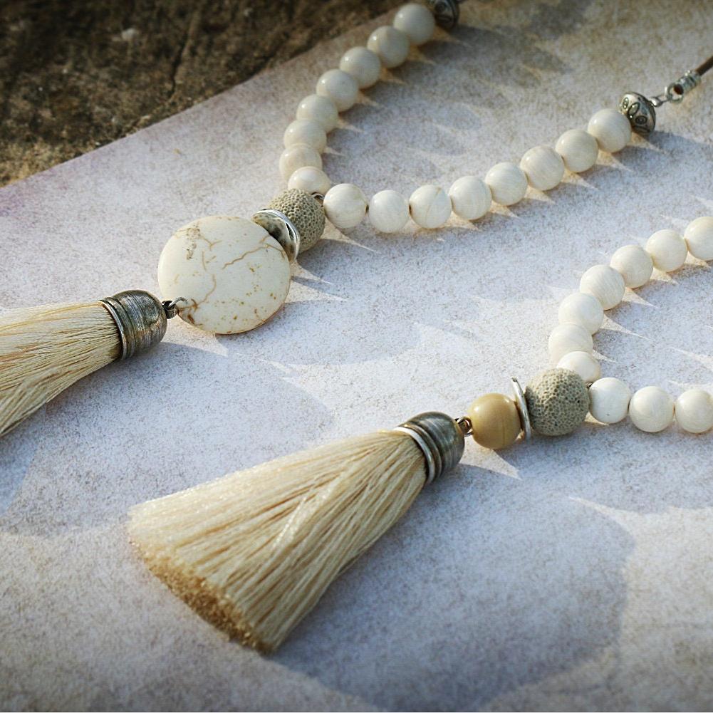 White Beaded Tassel Necklace โข Long Boho Statement Jewelry โข Howlite Bead Necklace for Women โข Mala Spiritual Necklace
